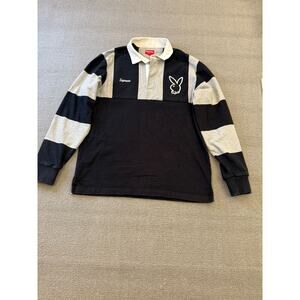 Supreme Playboy Men's M Striped Long Sleeve Polo Rugby Shirt Black Grey